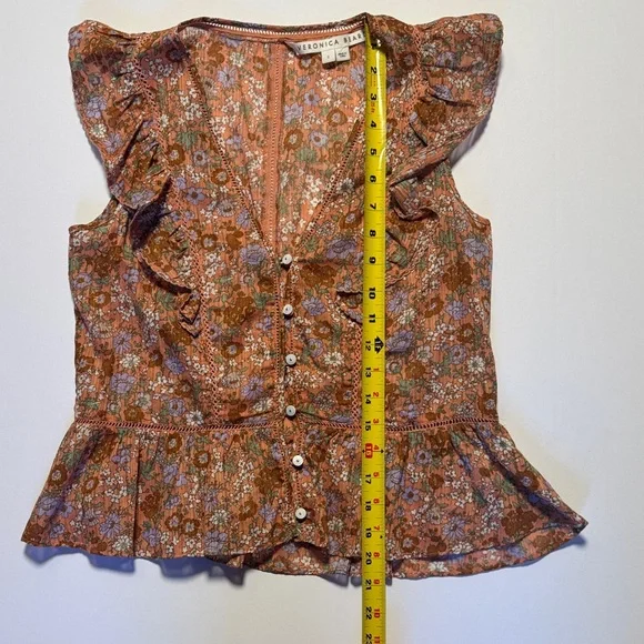 VERONICA BEARD Araya Top Coral Floral Ruffle Button Front Eyelet Detail Blouse 2 - Picture 6 of 10